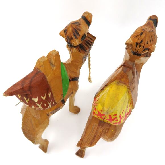 Pair of Hand Carved Wooden Camels 6” Folk Art Painted Figures Vintage Boho Decor - Picture 8 of 11